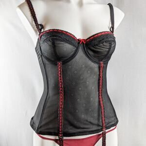 Vintage 34B black red corset bustier garter bra lingerie sexy lace bow Valentine